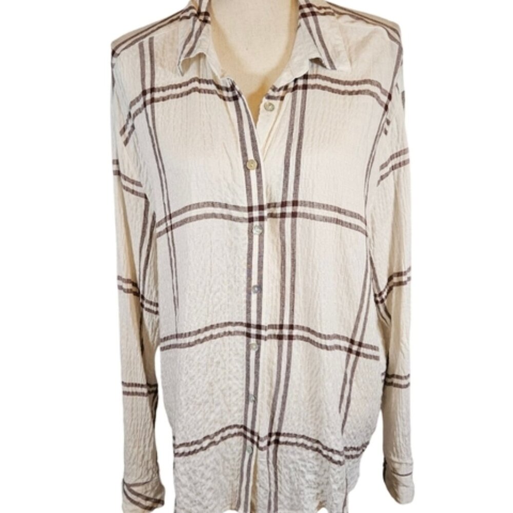 Jane & Delancey Seersucker Long Sleeve Button Down Blouse,Cream/Brown Striped,XL